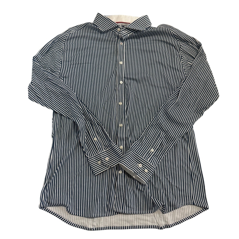 Desoto Mens Sz XL Blue Stripe Jersey Knit Button Down Shirt Long Sleeve
